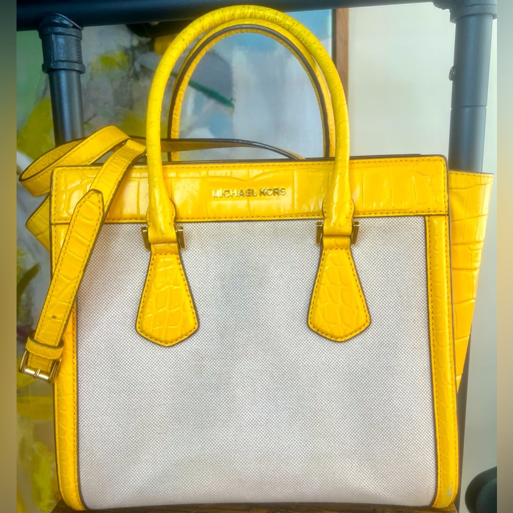 Michael Kors Colette Ecru Sun Large Canvas Leather Satchel Bag